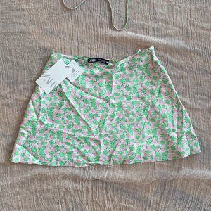 Green and Pink Floral Silk Mini Skirt